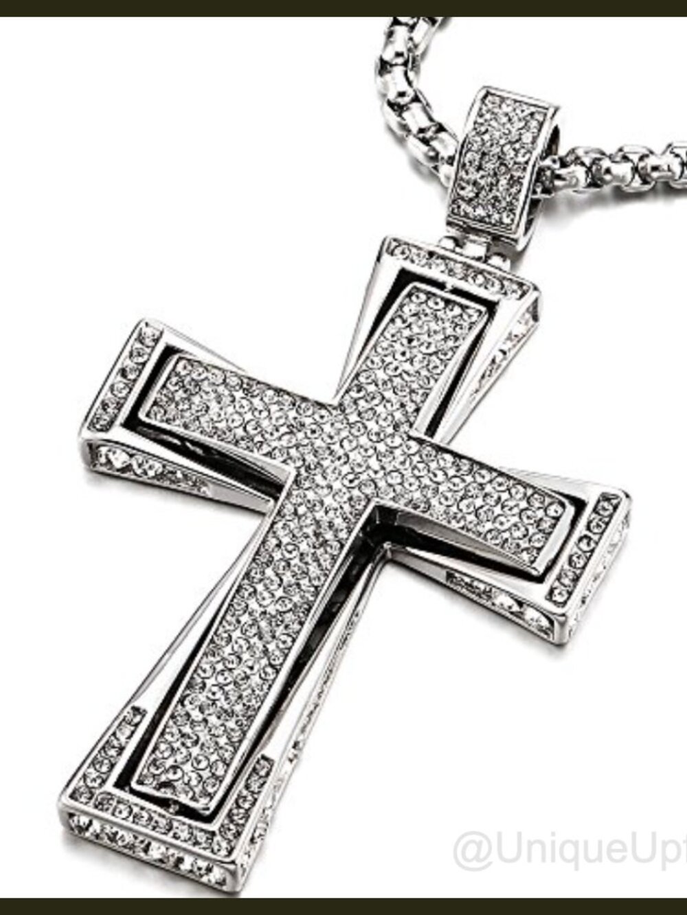 Extra Large Steel Cross Pendant Necklace Cubic Zirconia Wheat Chain Unisex